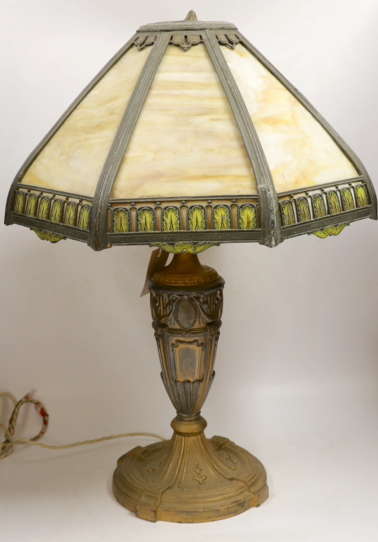 A Louis XVI style gilt spelter table lamp with octagonal Tiffany style glass shade, 58cm high